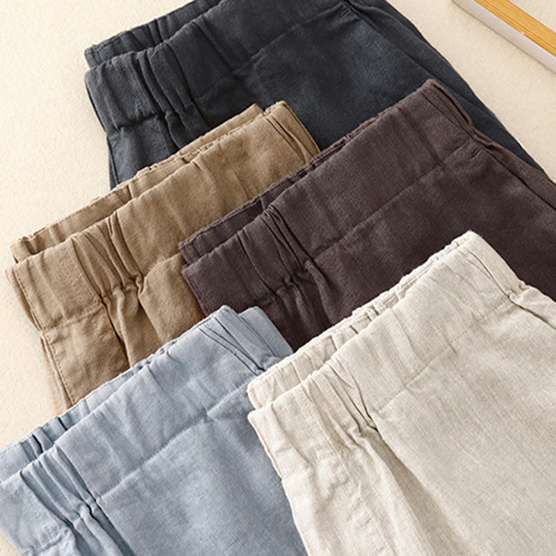 Buddha Stones Wild Plain Damenhose aus Baumwollleinen mit weitem Bein und Taschen