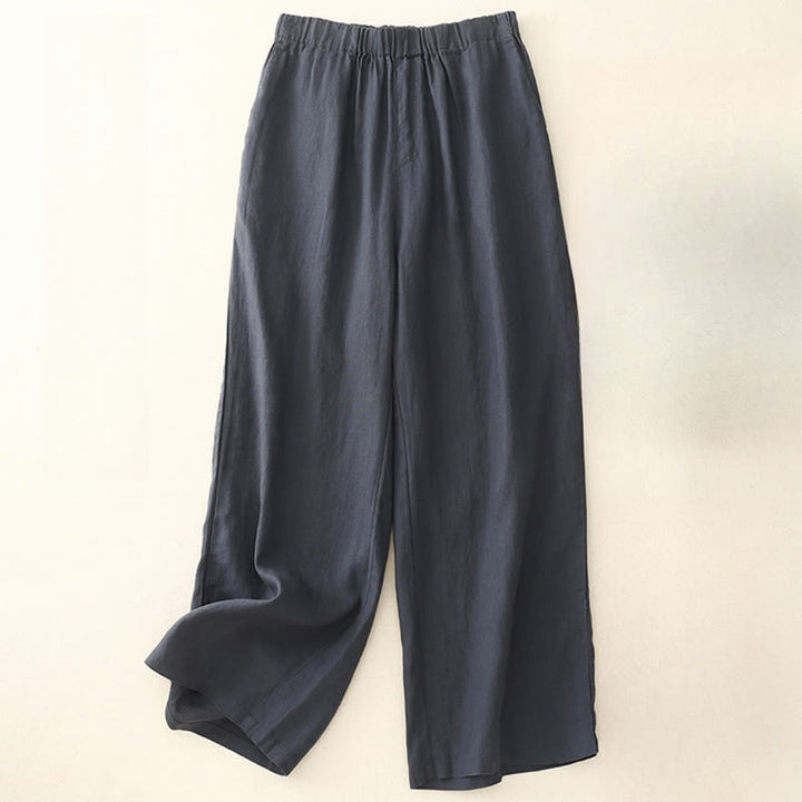 Buddha Stones Wild Plain Damenhose aus Baumwollleinen mit weitem Bein und Taschen