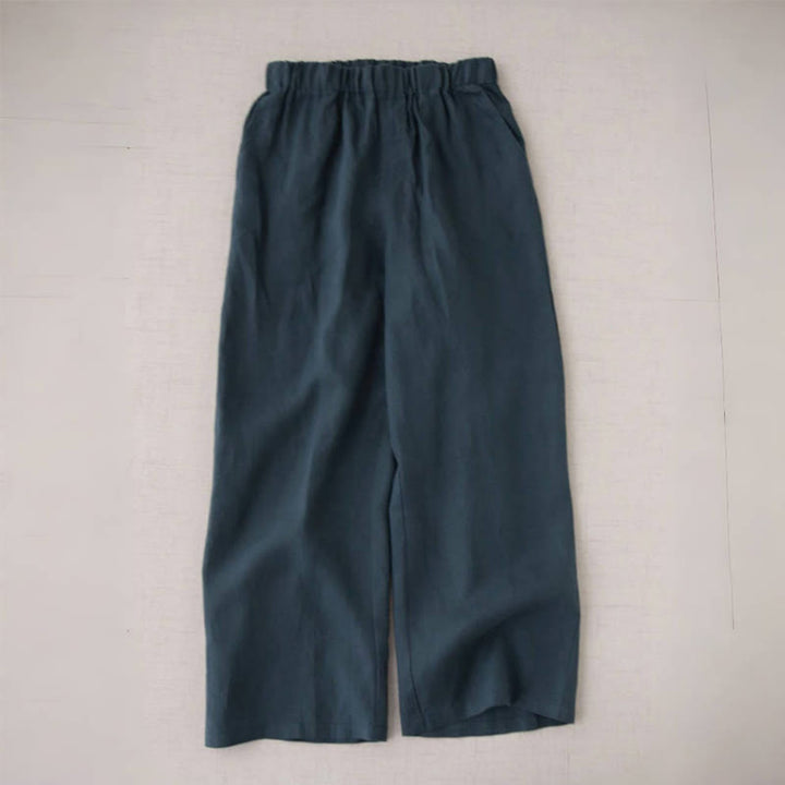 Buddha Stones Wild Plain Damenhose aus Baumwollleinen mit weitem Bein und Taschen