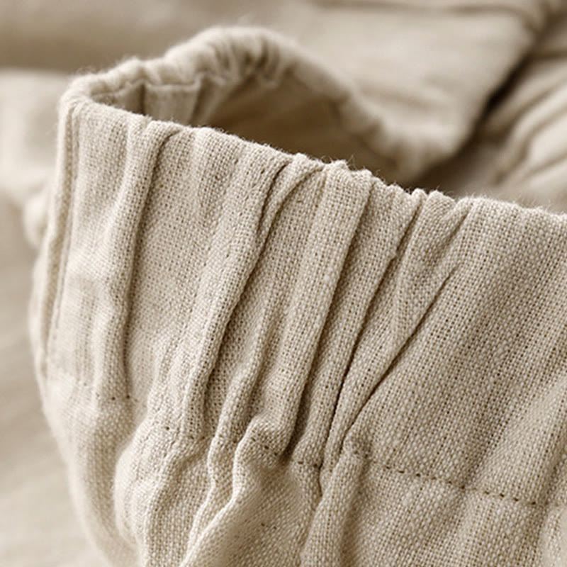 Buddha Stones Wild Plain Damenhose aus Baumwollleinen mit weitem Bein und Taschen