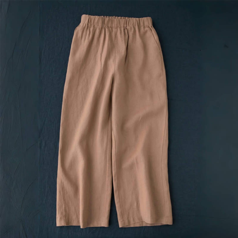 Buddha Stones Wild Plain Damenhose aus Baumwollleinen mit weitem Bein und Taschen