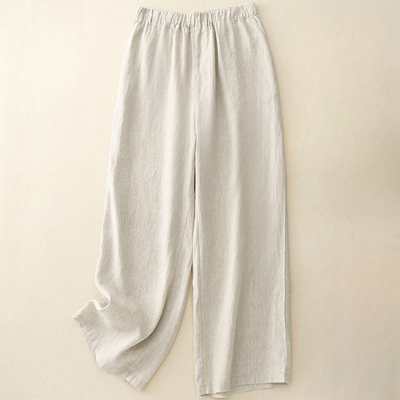 Buddha Stones Wild Plain Damenhose aus Baumwollleinen mit weitem Bein und Taschen