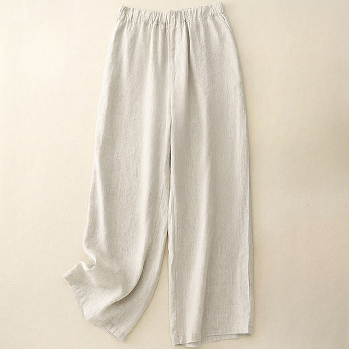 Buddha Stones Wild Plain Damenhose aus Baumwollleinen mit weitem Bein und Taschen