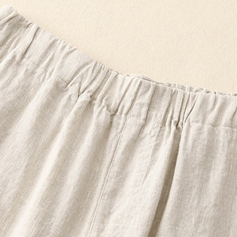 Buddha Stones Wild Plain Damenhose aus Baumwollleinen mit weitem Bein und Taschen