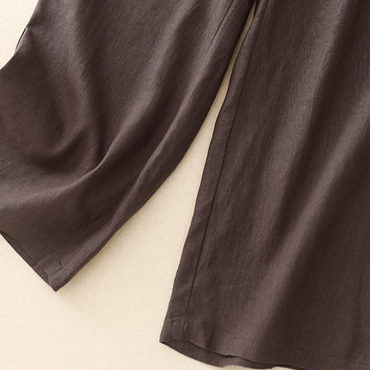 Buddha Stones Wild Plain Damenhose aus Baumwollleinen mit weitem Bein und Taschen