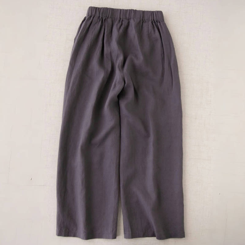 Buddha Stones Wild Plain Damenhose aus Baumwollleinen mit weitem Bein und Taschen