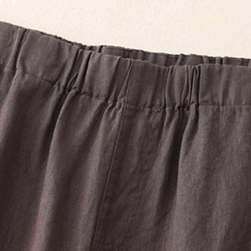 Buddha Stones Wild Plain Damenhose aus Baumwollleinen mit weitem Bein und Taschen