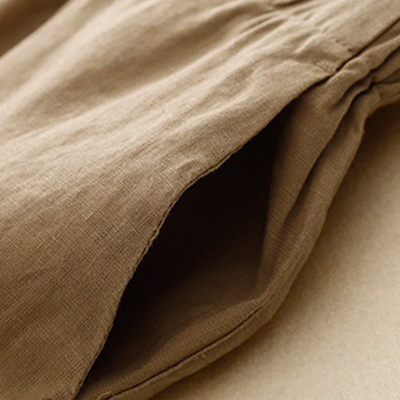 Buddha Stones Wild Plain Damenhose aus Baumwollleinen mit weitem Bein und Taschen