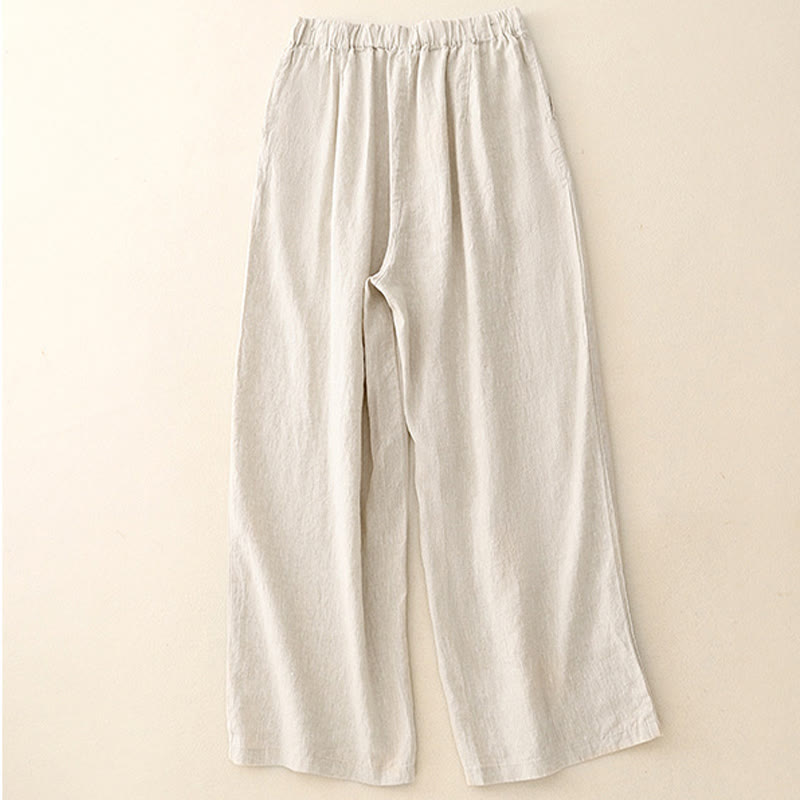 Buddha Stones Wild Plain Damenhose aus Baumwollleinen mit weitem Bein und Taschen