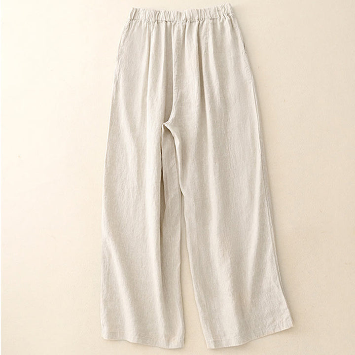 Buddha Stones Wild Plain Damenhose aus Baumwollleinen mit weitem Bein und Taschen