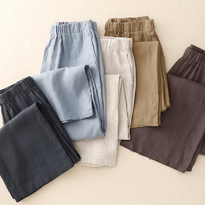 Buddha Stones Wild Plain Damenhose aus Baumwollleinen mit weitem Bein und Taschen
