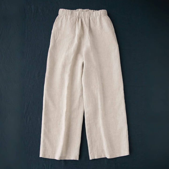 Buddha Stones Wild Plain Damenhose aus Baumwollleinen mit weitem Bein und Taschen