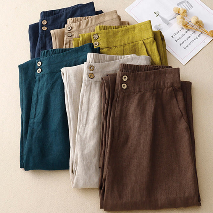 Buddha Stones Sommer-Lässige, schlichte Leinenhose für Damen mit weitem Bein und Reißverschlusstaschen - image 67
