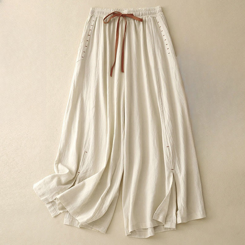 Buddha Stones Lässige, schlichte Damenhose aus Baumwollleinen mit Kordelzug und weitem Bein und Taschen - Beige - US8-10， UK/AU12-14，EU40-42 (2XL) - image 5