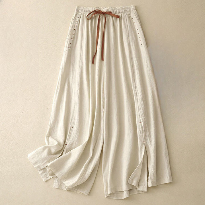 Buddha Stones Lässige, schlichte Damenhose aus Baumwollleinen mit Kordelzug und weitem Bein und Taschen - Beige - US8-10， UK/AU12-14，EU40-42 (2XL) - image 5