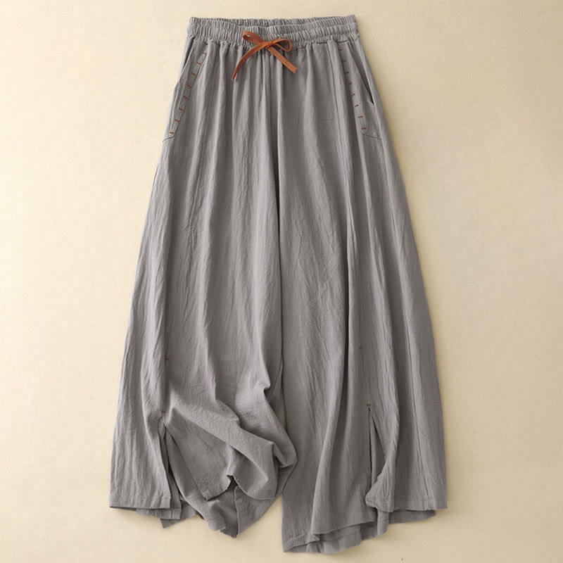 Buddha Stones Lässige, schlichte Damenhose aus Baumwollleinen mit Kordelzug und weitem Bein und Taschen
