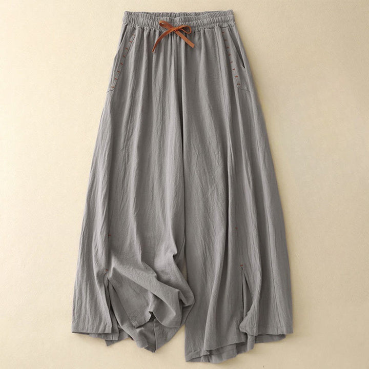 Buddha Stones Lässige, schlichte Damenhose aus Baumwollleinen mit Kordelzug und weitem Bein und Taschen