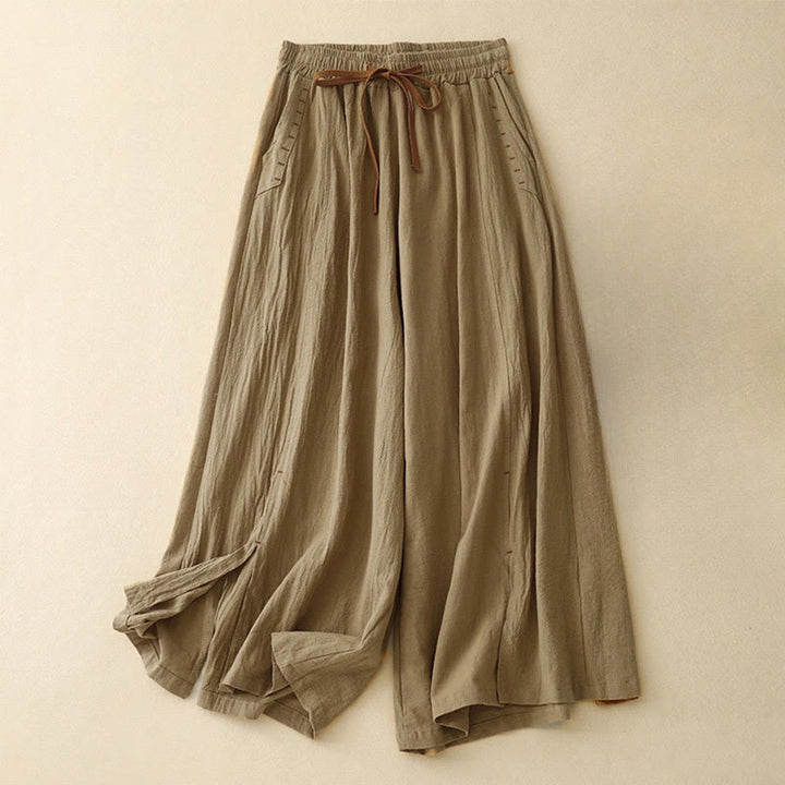 Buddha Stones Lässige, schlichte Damenhose aus Baumwollleinen mit Kordelzug und weitem Bein und Taschen - Dunkle Goldrute - US8-10， UK/AU12-14，EU40-42 (2XL) - image 0