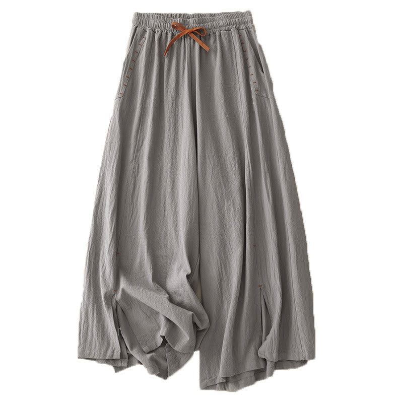 Buddha Stones Lässige, schlichte Damenhose aus Baumwollleinen mit Kordelzug und weitem Bein und Taschen