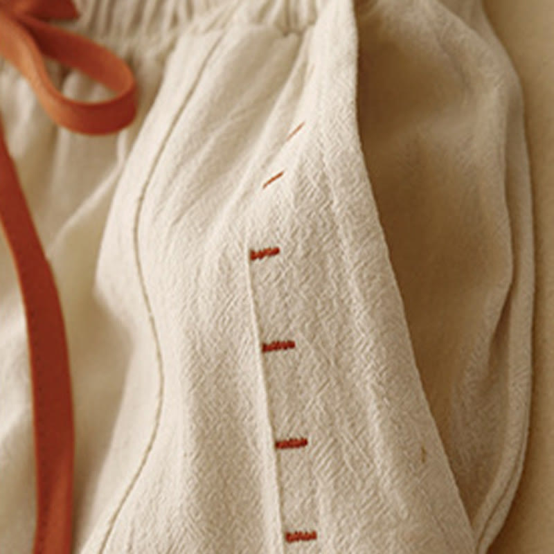 Buddha Stones Lässige, schlichte Damenhose aus Baumwollleinen mit Kordelzug und weitem Bein und Taschen - image 9