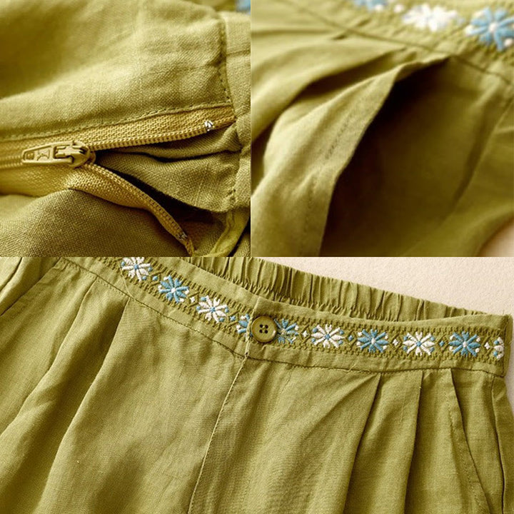 Buddha Stones Sommer Casual Stickerei Blume Plissee Reißverschluss Knopf Baumwolle Leinen Damen Shorts mit Taschen
