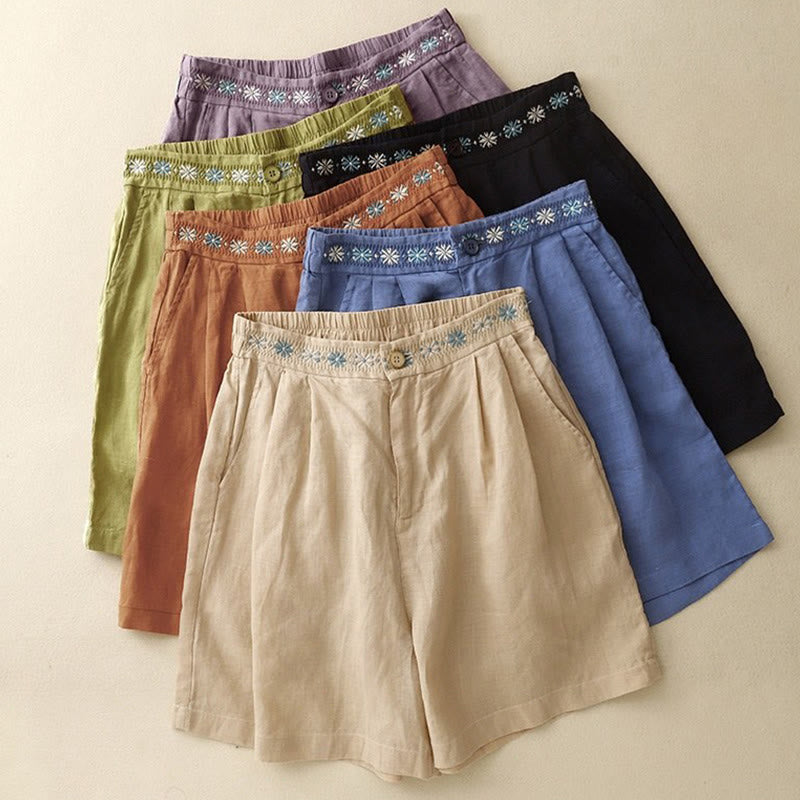 Buddha Stones Sommer Casual Stickerei Blume Plissee Reißverschluss Knopf Baumwolle Leinen Damen Shorts mit Taschen