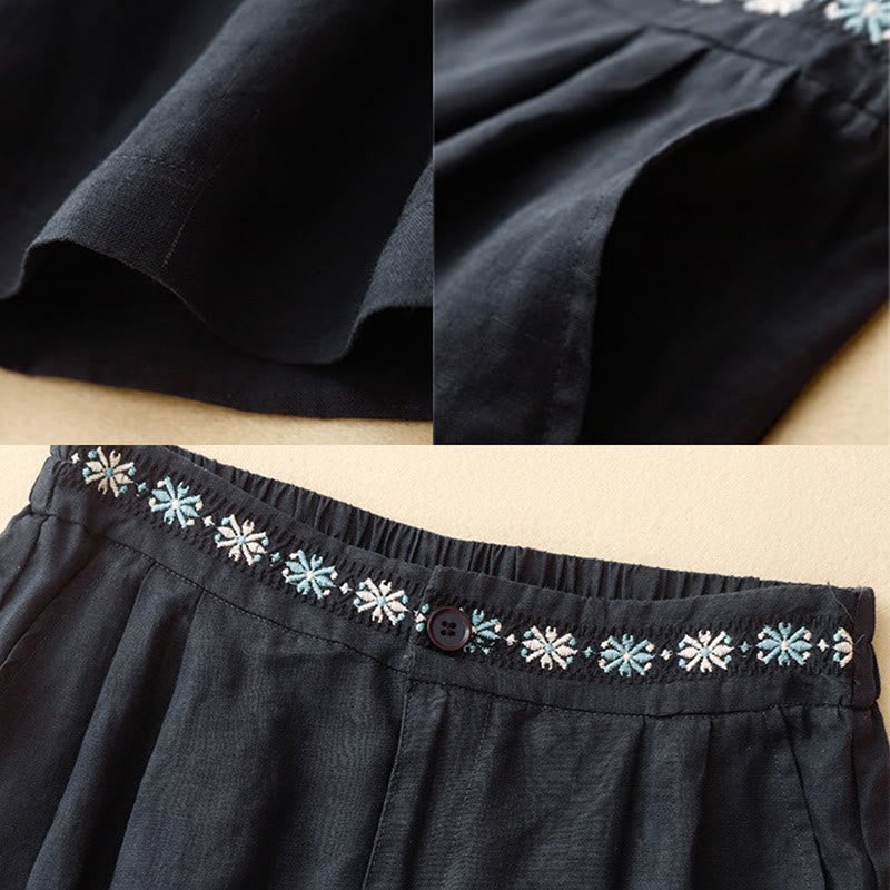 Buddha Stones Sommer Casual Stickerei Blume Plissee Reißverschluss Knopf Baumwolle Leinen Damen Shorts mit Taschen