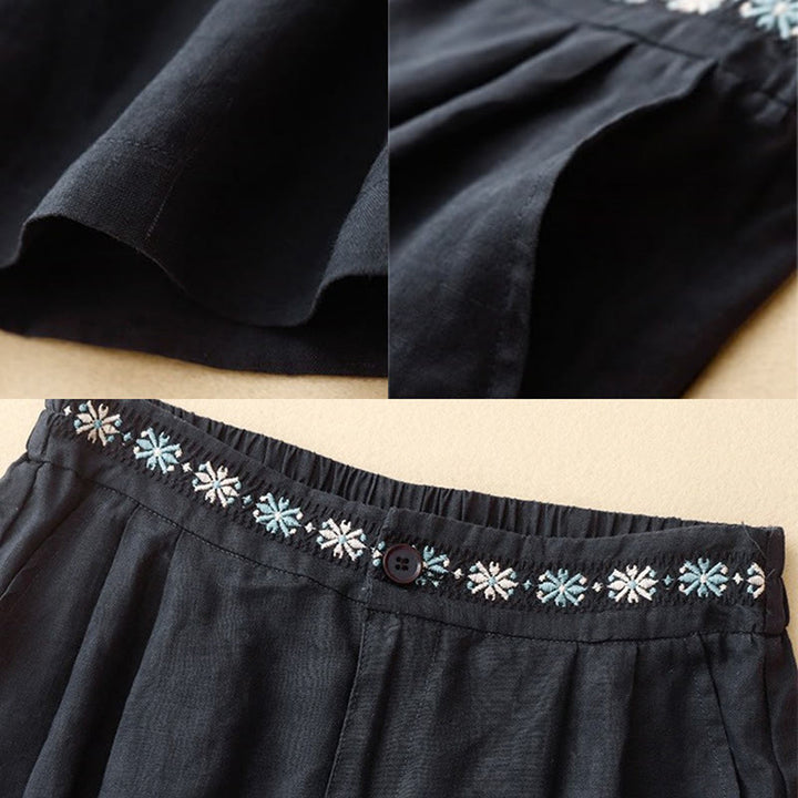 Buddha Stones Sommer Casual Stickerei Blume Plissee Reißverschluss Knopf Baumwolle Leinen Damen Shorts mit Taschen