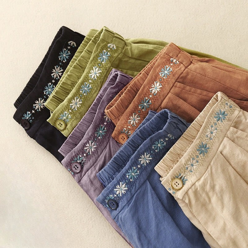 Buddha Stones Sommer Casual Stickerei Blume Plissee Reißverschluss Knopf Baumwolle Leinen Damen Shorts mit Taschen