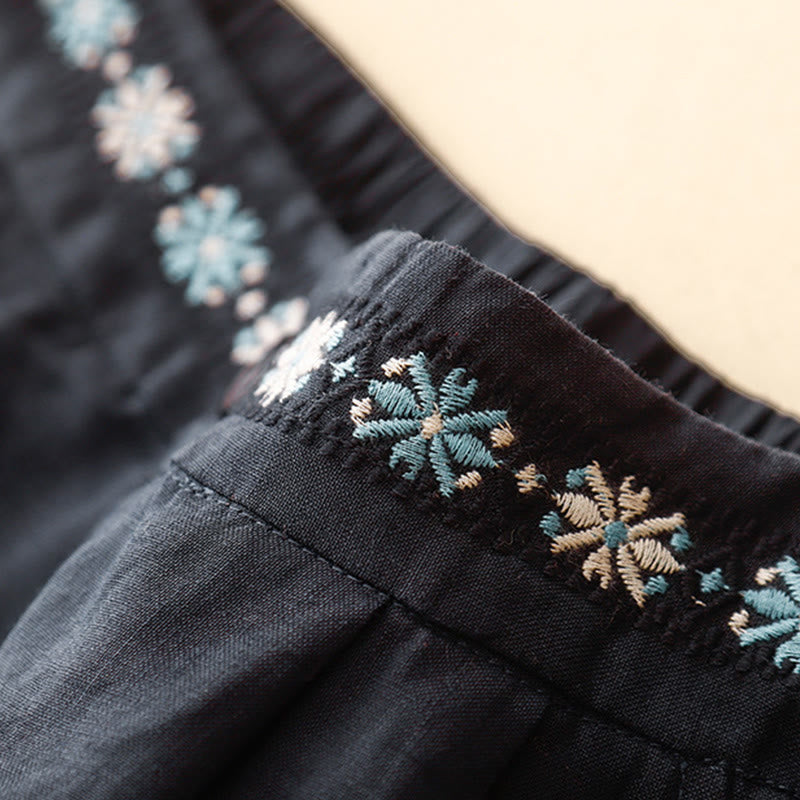 Buddha Stones Sommer Casual Stickerei Blume Plissee Reißverschluss Knopf Baumwolle Leinen Damen Shorts mit Taschen