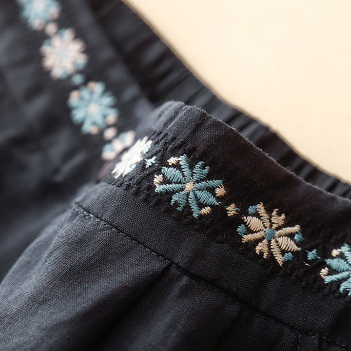 Buddha Stones Sommer Casual Stickerei Blume Plissee Reißverschluss Knopf Baumwolle Leinen Damen Shorts mit Taschen