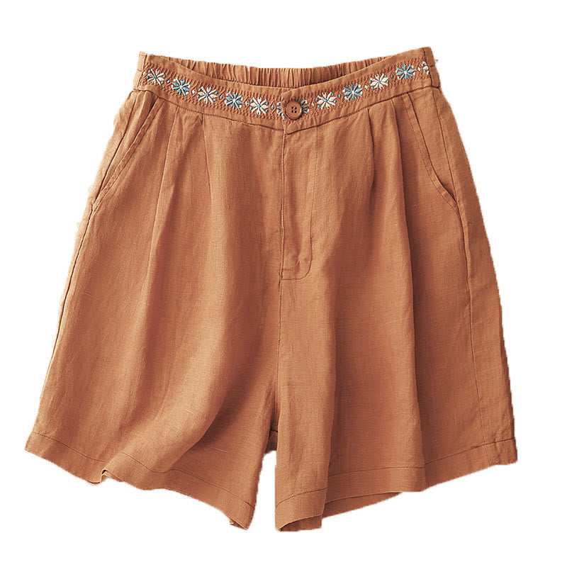 Buddha Stones Sommer Casual Stickerei Blume Plissee Reißverschluss Knopf Baumwolle Leinen Damen Shorts mit Taschen