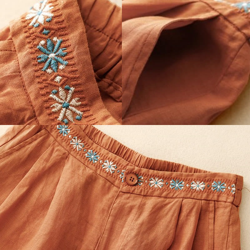 Buddha Stones Sommer Casual Stickerei Blume Plissee Reißverschluss Knopf Baumwolle Leinen Damen Shorts mit Taschen