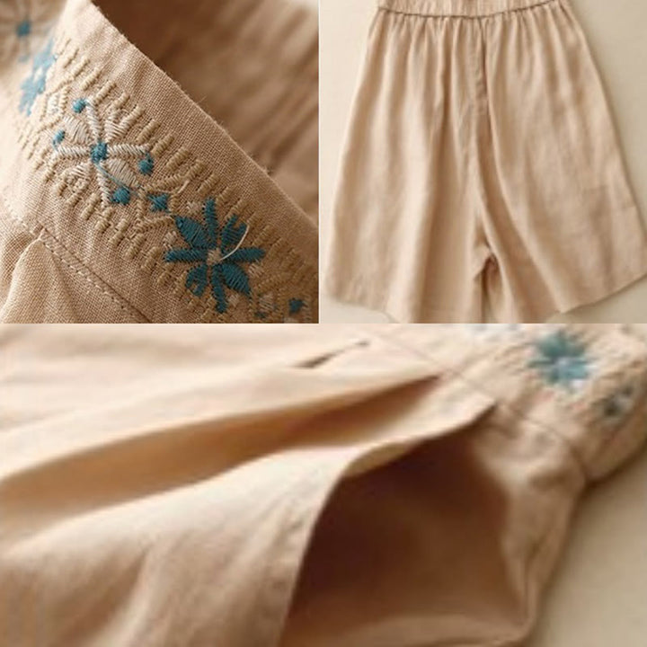 Buddha Stones Sommer Casual Stickerei Blume Plissee Reißverschluss Knopf Baumwolle Leinen Damen Shorts mit Taschen