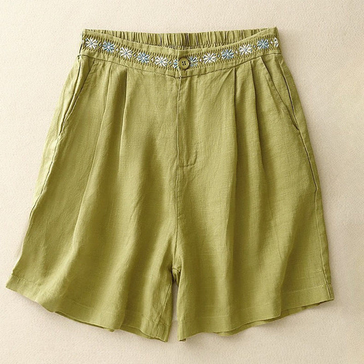 Buddha Stones Sommer Casual Stickerei Blume Plissee Reißverschluss Knopf Baumwolle Leinen Damen Shorts mit Taschen