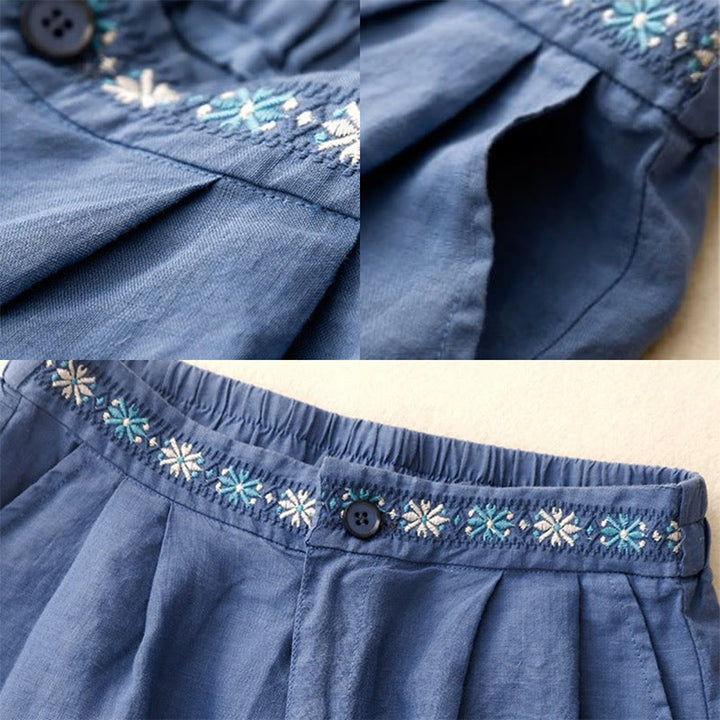 Buddha Stones Sommer Casual Stickerei Blume Plissee Reißverschluss Knopf Baumwolle Leinen Damen Shorts mit Taschen