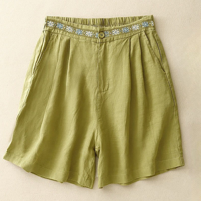 Buddha Stones Sommer Casual Stickerei Blume Plissee Reißverschluss Knopf Baumwolle Leinen Damen Shorts mit Taschen - GelbGrün - US8-10， UK/AU12-14，EU40-42 (2XL) - image 4