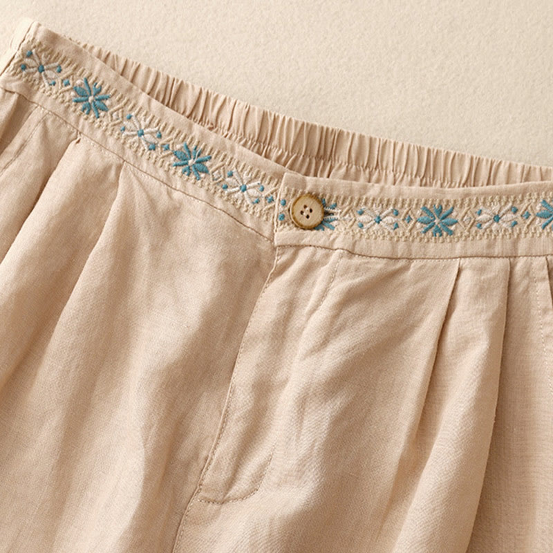 Buddha Stones Sommer Casual Stickerei Blume Plissee Reißverschluss Knopf Baumwolle Leinen Damen Shorts mit Taschen