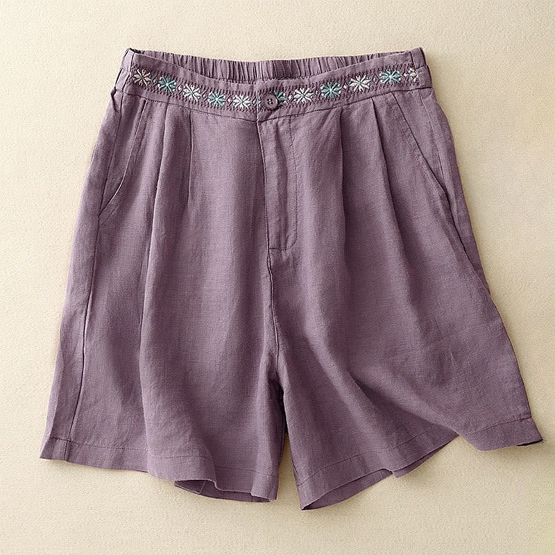 Buddha Stones Sommer Casual Stickerei Blume Plissee Reißverschluss Knopf Baumwolle Leinen Damen Shorts mit Taschen