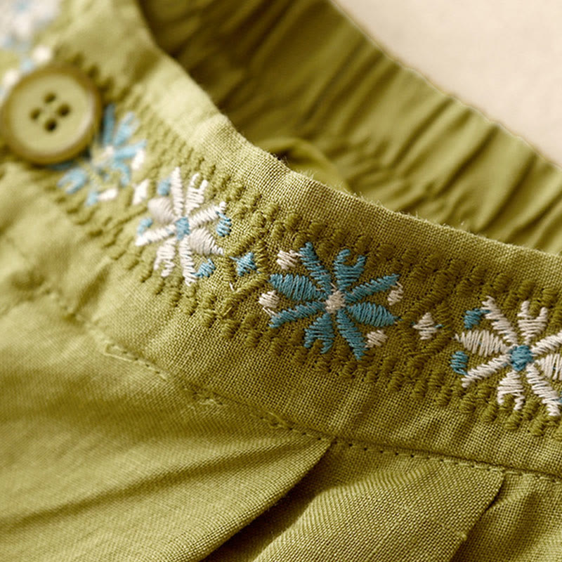 Buddha Stones Sommer Casual Stickerei Blume Plissee Reißverschluss Knopf Baumwolle Leinen Damen Shorts mit Taschen