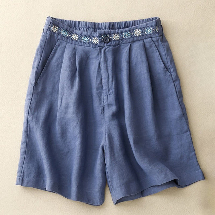 Buddha Stones Sommer Casual Stickerei Blume Plissee Reißverschluss Knopf Baumwolle Leinen Damen Shorts mit Taschen