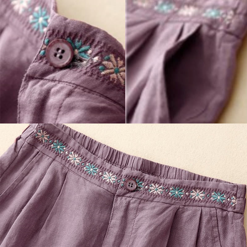 Buddha Stones Sommer Casual Stickerei Blume Plissee Reißverschluss Knopf Baumwolle Leinen Damen Shorts mit Taschen