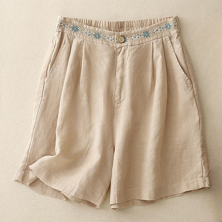 Buddha Stones Sommer Casual Stickerei Blume Plissee Reißverschluss Knopf Baumwolle Leinen Damen Shorts mit Taschen