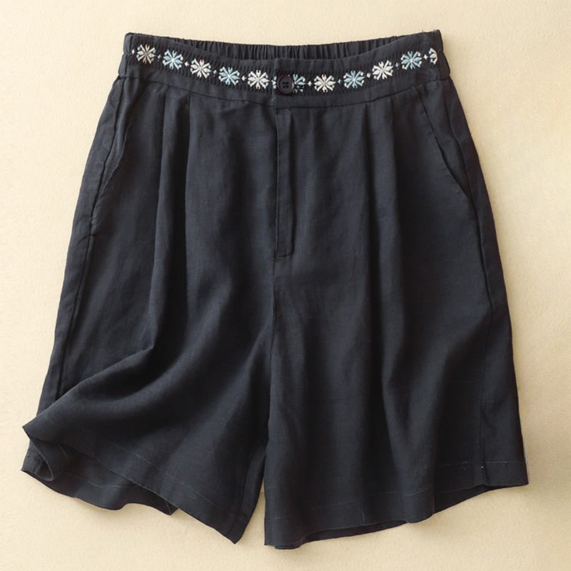 Buddha Stones Sommer Casual Stickerei Blume Plissee Reißverschluss Knopf Baumwolle Leinen Damen Shorts mit Taschen