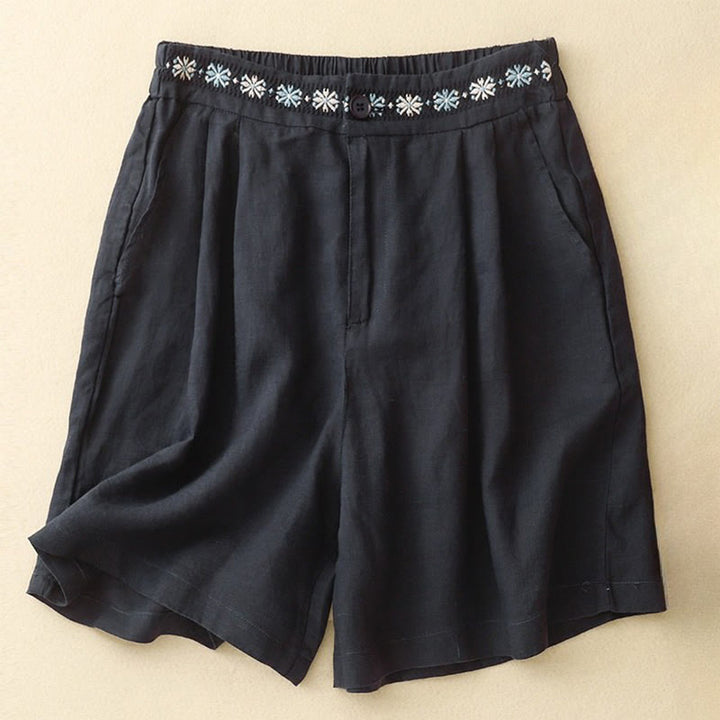 Buddha Stones Sommer Casual Stickerei Blume Plissee Reißverschluss Knopf Baumwolle Leinen Damen Shorts mit Taschen