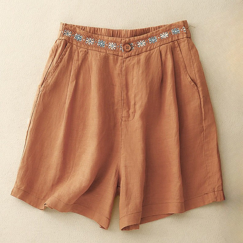 Buddha Stones Sommer Casual Stickerei Blume Plissee Reißverschluss Knopf Baumwolle Leinen Damen Shorts mit Taschen