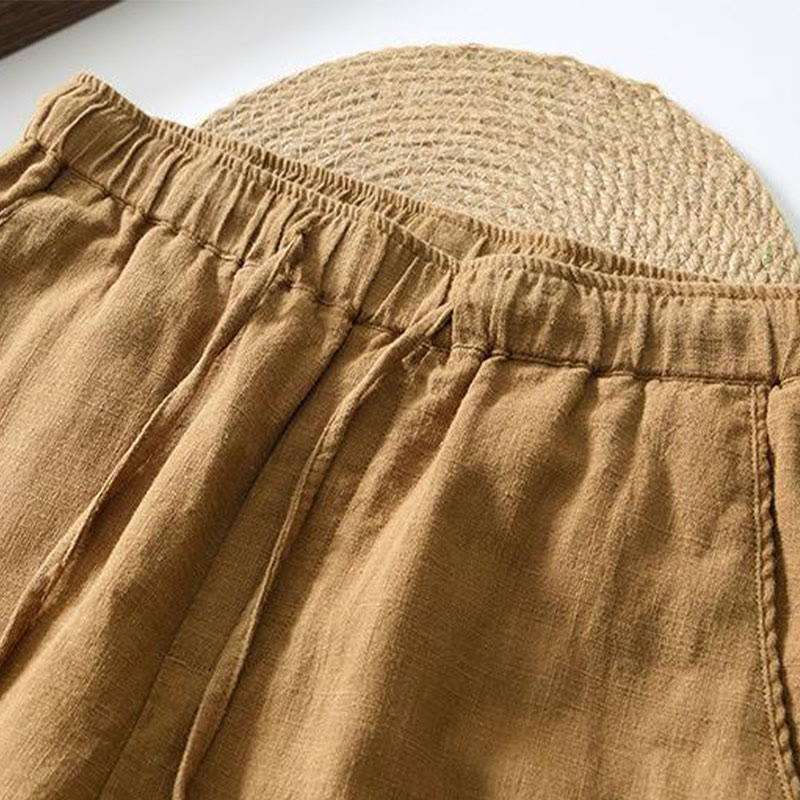 Buddha Stones Sommer Casual Kordelzug Ramie Leinen Herrenhose mit Taschen