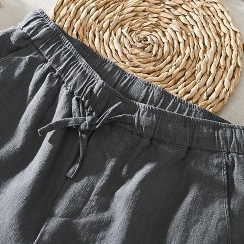 Buddha Stones Sommer Casual Kordelzug Ramie Leinen Herrenhose mit Taschen