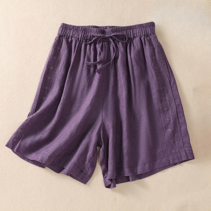 Buddha Stones Lässige Damen-Shorts aus Baumwolle und Leinen mit Blumenstickereimuster, Kordelzug und Taschen - DunkelMagenta - US8-10， UK/AU12-14，EU40-42 (2XL) - image 1