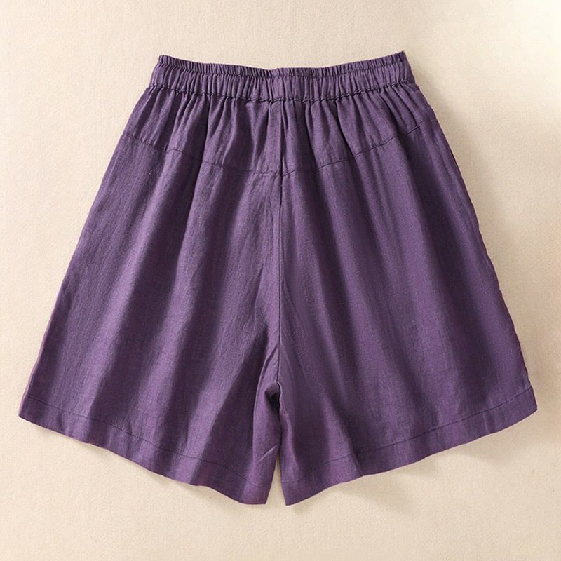 Buddha Stones Lässige Damen-Shorts aus Baumwolle und Leinen mit Blumenstickereimuster, Kordelzug und Taschen - image 1